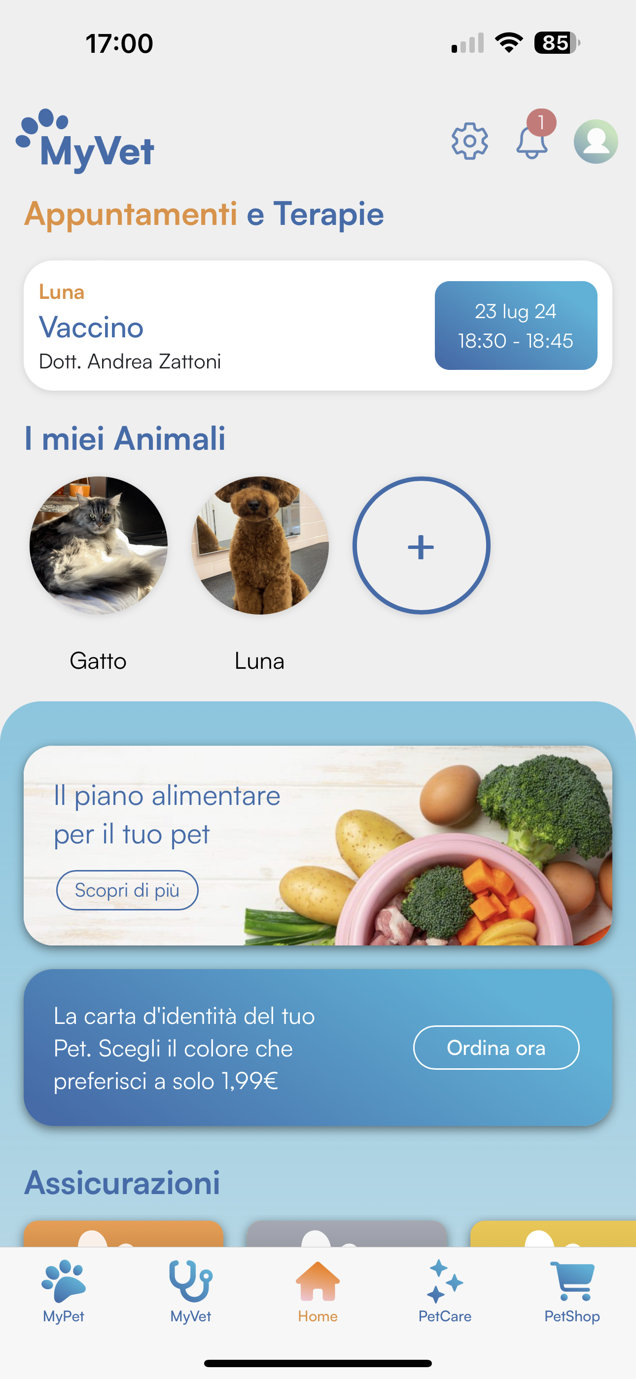 Schermata app MyVet 2